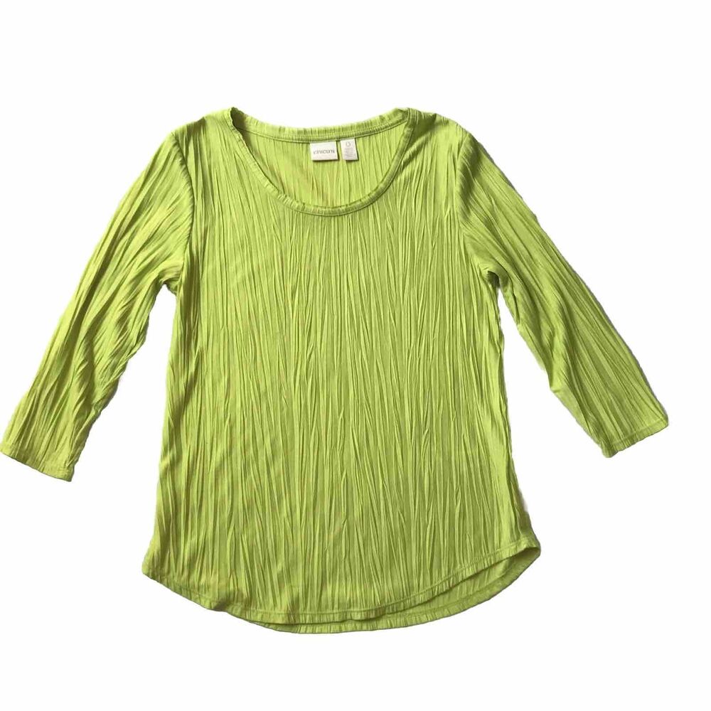Chicos Top Crinkle Round Neck 3/4 Sleeve SZ 0 S Yellow Lime Statement Dopamine